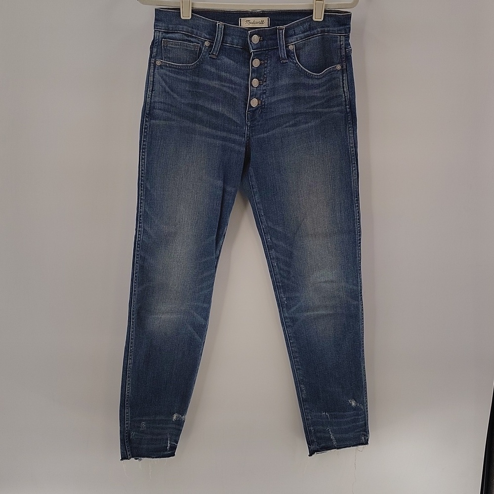 Madewell Slim Straight Denim Jeans Size 28 Stretch Button Fly Raw Hem